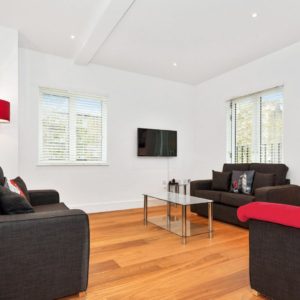 A modern living room with white walls, hardwood floors, dark sofas, red accents, a flat-screen TV, and a London-themed wall art.