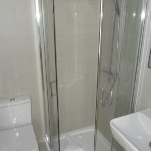 This image shows a modern bathroom with a curved glass shower enclosure, a silver shower head, a white toilet, and a sink with a mirror above.