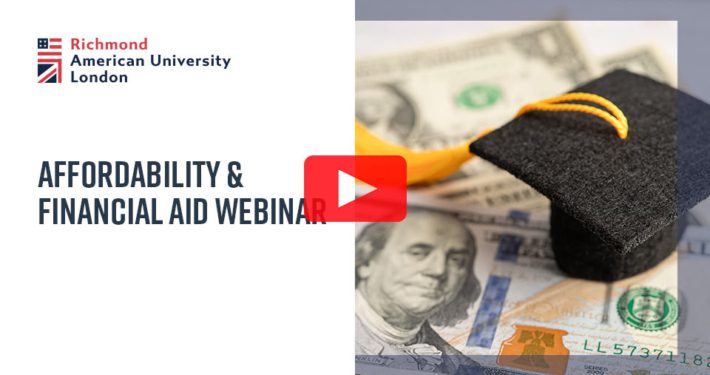 This image shows a graphic for a webinar by Richmond American University London about affordability and financial aid featuring a graduation cap on money.