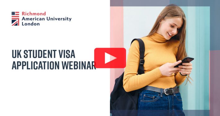 A person is smiling at their phone, wearing a yellow top and carrying a backpack. A text overlay mentions a UK Student Visa Application Webinar.