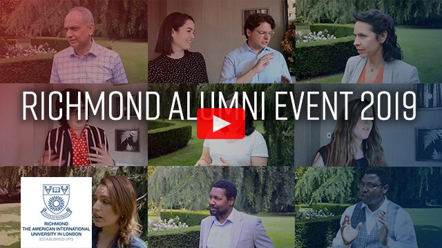 A smiling person and person are featured in a screenshot of the Richmond Allimni Event 2019 AmA Richmond The American International University in London.