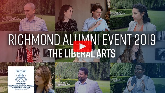 A smiling person and person stand outdoors at the Richmond Alumni Event 2019, celebrating the Liberal Arts at the American International University in London, established in 1972.