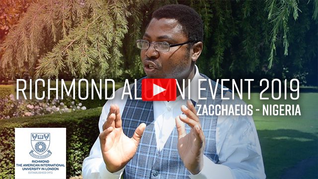 This image is showing the Richmond All Ini Event 2019 featuring Zacchaeus from Nigeria at the Richmond The American International University in London, which was established in 1972. Full Text: RICHMOND ALL INI EVENT 2019 ZACCHAEUS - NIGERIA AmA RICHMOND THE AMERICAN INTERNATIONAL UNIVERSITY IN LONDON STARLEICD 1972