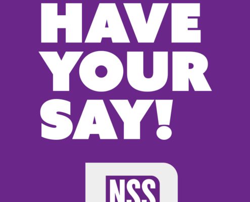 The image is encouraging students to participate in the National Student Survey (NSS) to have their say. Full Text: HAVE YOUR SAY! NSS National Student Survey