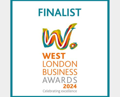 The image is a graphic for the "West London Business Awards 2024," indicating a "Finalist" status and featuring bold, colorful lettering celebrating excellence.
