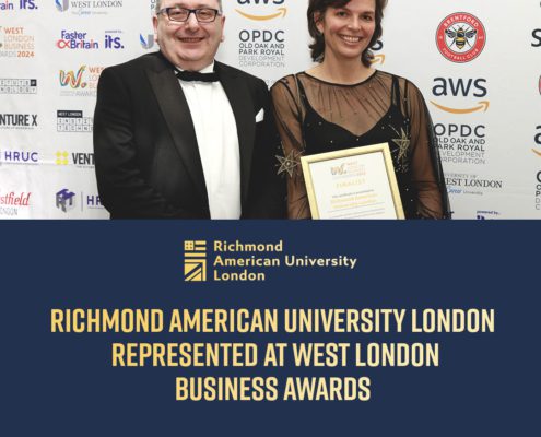 Two people are posing with an award certificate at an event, likely a business awards ceremony, with multiple logos and event information in the background.