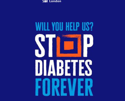 The image features bold text "WILL YOU HELP US? STOP DIABETES FOREVER" against a blue background, with the logo of Richmond American University London at the top.