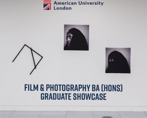 This image is showcasing the work of graduates from the Film & Photography BA (Hons) program at Richmond American University London. Full Text: #= Richmond American University London FILM & PHOTOGRAPHY BA (HONS] GRADUATE SHOWCASE WWW.RICHMOND.AC.UK