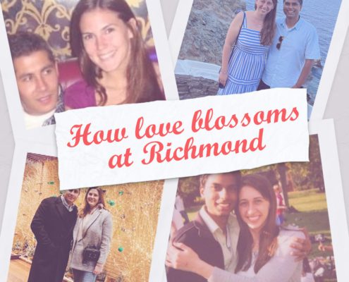 The image is a collage featuring three couples at different locations with a caption reading "How love blossoms at Richmond." It has a romantic theme.
