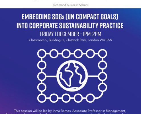 This is an event poster for "Embedding SDGs (UN Compact Goals) into Corporate Sustainability Practice," taking place at Richmond American University, London.