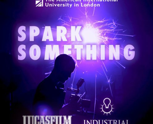 The image is promoting Richmond The American International University in London and their collaboration with Lucasfilm Industrial Light & Magic. Full Text: Richmond The American International University in London SPARK SOMETHING LUCASFILM INDUSTRIAL LIGHT & MAGIC