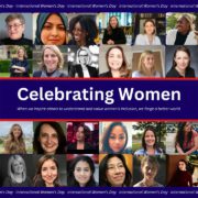 This image features a collage of diverse people with the text "Celebrating Women" for International Women's Day, promoting women's inclusion for a better world.