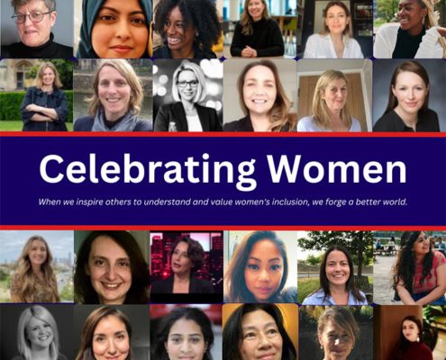 This image features a collage of diverse people with the text "Celebrating Women" for International Women's Day, promoting women's inclusion for a better world.