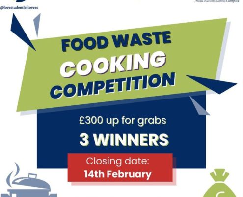 The Oxford Brookes University is hosting a food waste cooking competition with a prize of £300 for three winners, with the closing date being the 14th of February, in partnership with the United Nations Global Compact's PRME initiative. Full Text: @lovestudentleftovers PRME in initiative of the United Nations Global Compact @lovestudentleftovers FOOD WASTE COOKING COMPETITION £300 up for grabs 3 WINNERS Closing date: 14th February Hosted by Oxford Brookes University OXFORD BROOKES