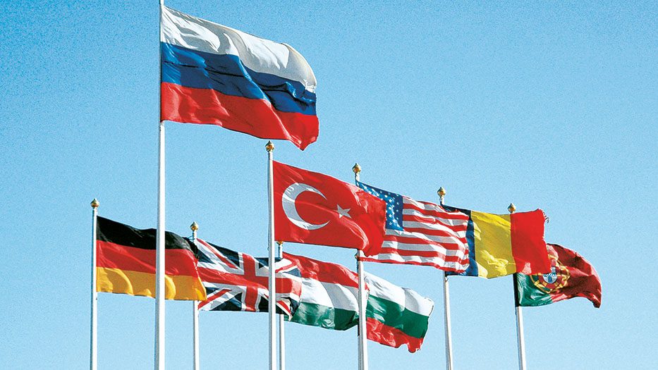 Flags of international countries to represent international relations