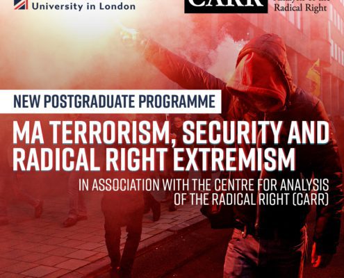 This image is announcing a new postgraduate programme at the Richmond American International University in London, which focuses on terrorism, security, and radical right extremism in association with the Centre for Analysis of the Radical Right (CARR). Full Text: Richmond The American International CARR Centre for University in London Analysis of the Radical Right NEW POSTGRADUATE PROGRAMME MA TERRORISM, SECURITY AND RADICAL RIGHT EXTREMISM IN ASSOCIATION WITH THE CENTRE FOR ANALYSIS OF THE RADICAL RIGHT (CARR)