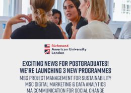 The image shows a group of people in a discussion, overlaid with text announcing new postgraduate programs at Richmond American University London.