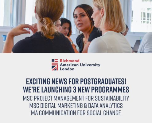 The image shows a group of people in a discussion, overlaid with text announcing new postgraduate programs at Richmond American University London.