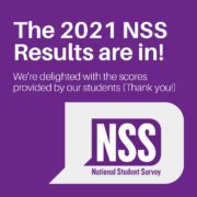 In this image, the results of the 2021 National Student Survey are being celebrated, with thanks being given to the students who participated. Full Text: The 2021 NSS Results are in! We're delighted with the scores provided by our students (Thank you!) NSS National Student Survey