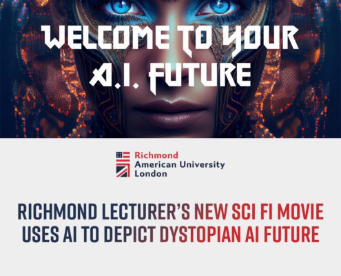 In this image, a lecturer from Richmond American University London is introducing a new sci-fi movie that uses artificial intelligence to depict a dystopian future. Full Text: WELCOME TO YOUR X.I. FUTURE Richmond American University London RICHMOND LECTURER'S NEW SCI FI MOVIE USES AI TO DEPICT DYSTOPIAN AI FUTURE