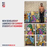 A promotional image featuring a person standing between colorful murals, advertising a new scholarship for students at Richmond, with a website URL below.