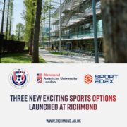 A university building with glass facade, surrounded by trees. Banner announces "three new exciting sports options launched at Richmond." Logos shown for Richmond and SPORTedex.