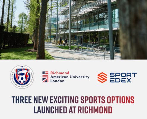 A university building with glass facade, surrounded by trees. Banner announces "three new exciting sports options launched at Richmond." Logos shown for Richmond and SPORTedex.