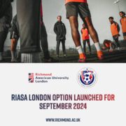 A person oversees soccer training with athletes on a field. Text announces Richmond American University's RIASA London Option for September 2024.