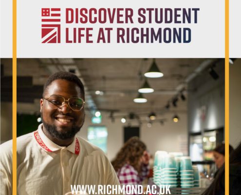 A smiling person looks out from a poster, with a screenshot of text reading "Discover Student Life at Richmond Orbit.00 Orbico" in an indoor setting.