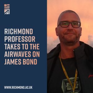 This is a promotional image featuring a person with glasses against a sunset background with text announcing a Richmond professor discussing James Bond on air.