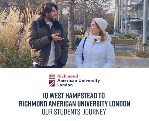 A person with a smiling human face stands in front of a tree and plant, holding a sign that reads "Richmond American University London 1Q West Hampstead to Richmond American University London Our Students' Journey".