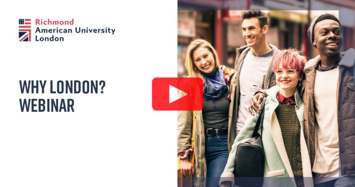 An advertisement for a 'Why London? Webinar' by Richmond American University London featuring a play button and four smiling young people walking together.