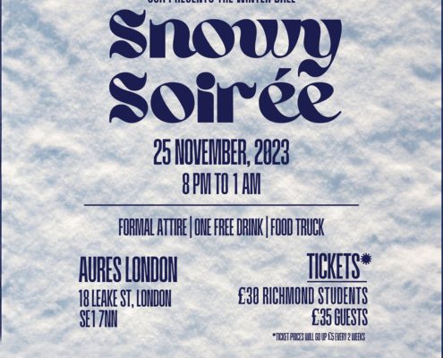 This image is an event flyer for the "Winter Ball Snowy Soirée" on 25 November 2023, from 8 PM to 1 AM, featuring formal attire, a free drink, and a food truck.