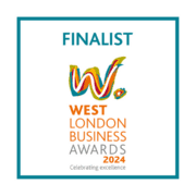 This is a colorful badge graphic reading "FINALIST WEST LONDON BUSINESS AWARDS 2024," with an abstract "W" logo, emphasizing recognition and celebrating excellence.